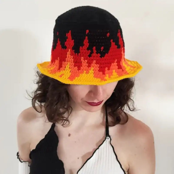 Retro fire crochet bucket hat
