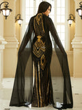 Show Stopping Sheer Trail Sleeve Mesh Sequin Formal Dress