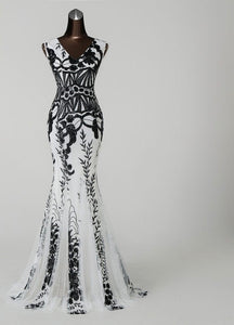 Ladies elegant floral sequins detail long evening prom formal dance dress