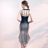 Elegant halter keyhole ombré sequins high low ruffle evening prom formal dress