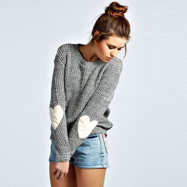 Heart Elbow Patch Knit Sweater White / M