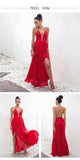 Lady in red elegant backless maxi dress