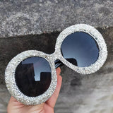 Retro glitter rhinestone round frame oversize sunglasses
