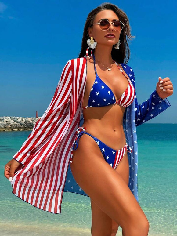 3 piece usa American flag bikini swimsuit set