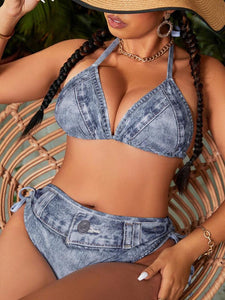 Women plus size denim design 2 piece bikini swimsuit