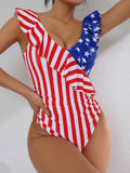 Women ruffle one piece usa flag monokini swimsuit