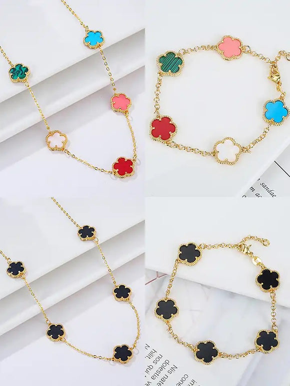 Stainless steel 18k gold plated lucky four leaf clover leaf flower necklace bracelet jewelry