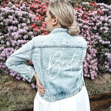 Custom pearl detail bride denim jacket