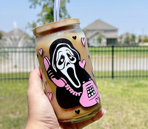 Funny no you hang up scream Halloween coffee drink glass bamboo lid tumbler cup with straw