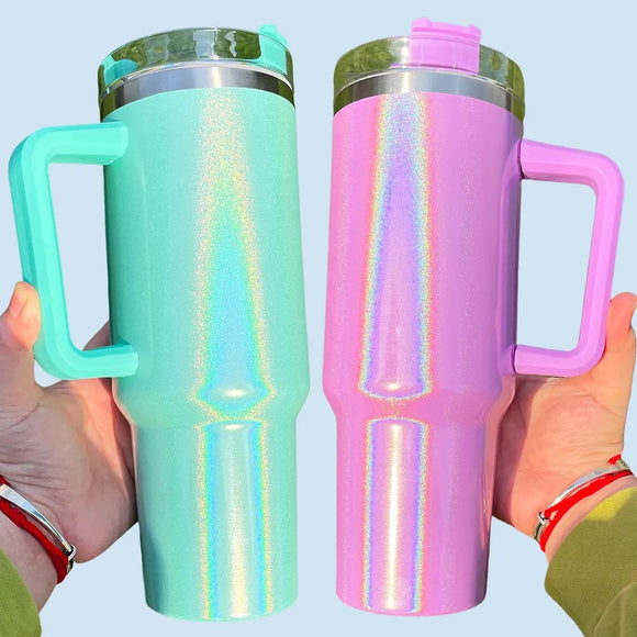 40oz Holographic shimmer Stanley inspired insulated hot cold coffee drink tumbler with handle