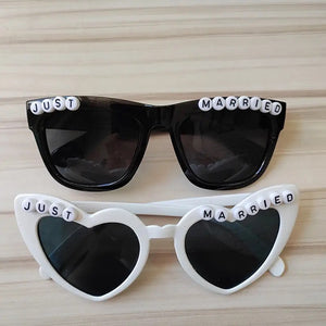 Just married wedding bride grooms retro sunglasses