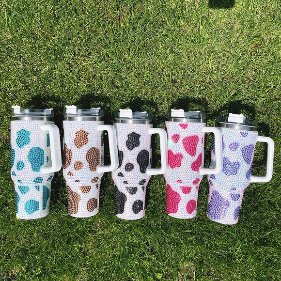 Cow detail rhinestone Stanley inspired insulated tumbler with handle