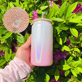 Shimmer holographic bamboo Rhinestone detail lid glass can coffee drink tumbler