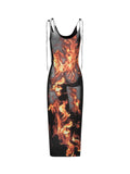 Women fire body print long fashion maxi dress