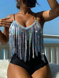 Women fringe detail sequins bling one piece bikini