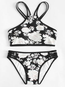 Black and white floral 2 piece tank bikini set