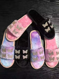 Butterfly rhinestone detail fuzzy fluffy slides slippers