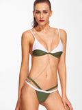 Sexy army green color block strappy cutout bikini swimwear
