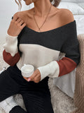 Women colorblock off the shoulder bow back knitted sweater