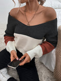 Women colorblock off the shoulder bow back knitted sweater
