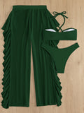 3piece 2 piece  Bikini Swimsuit with ruffle sheer Cover Up Pants