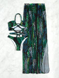 Tropical Leaf Print Halter Bikini 3pcs Swimsuit coverup set