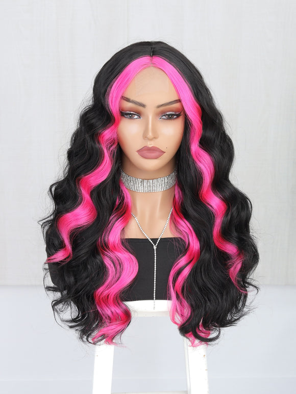 Nicki pink black T Part Lace Long Body Wave Premium Synthetic Wig