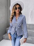 Women retro stripe Belted fashion Shirt