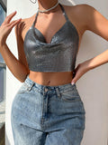 Women sequins Draped Backless Halter bodychain Top