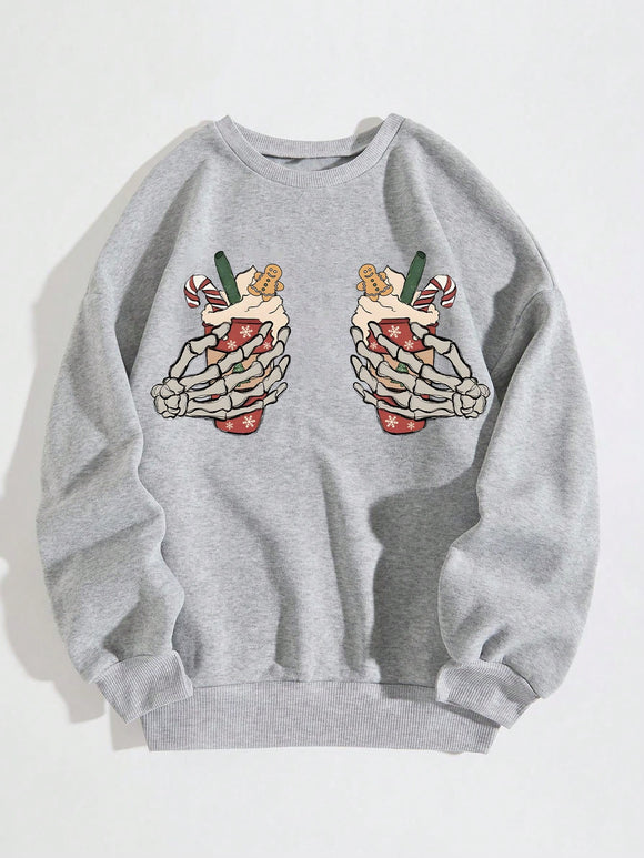 Women Skeleton Hand Holiday Drinks Christmas Pullover Sweater