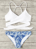 Wrap up lace up blue leaf 2 piece bikini set