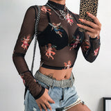 Angel print sheer fashion crop top