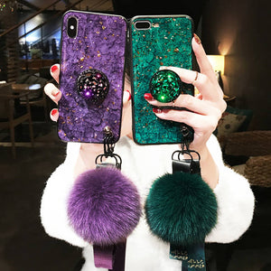 Luxury fur ball kickstand holder phone case