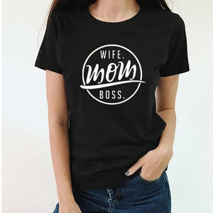 Wife mom boss logo printed tshirt