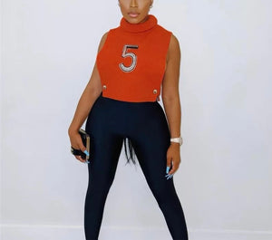 Ladies turtle neck cutout side number 5 crop top