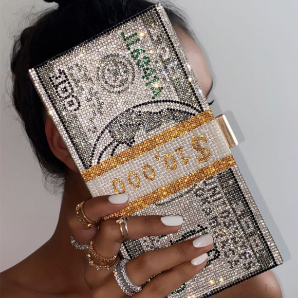 Luxury “Baller” rhinestone money stack clutch fashion handbag