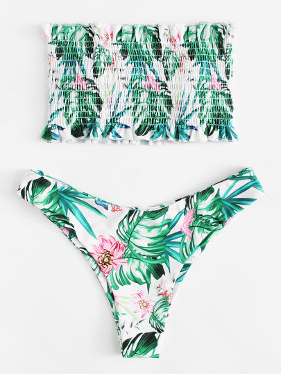 Tropical print smock tube bikini set