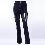 Retro high waist cutout lace up flare bell jeans