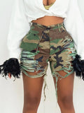 Ladies camo distressed cutout shorts
