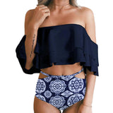 “Getaway” off the shoulder ruffle high waist 2 piece bikini swimsuit set