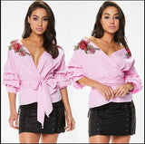 “Bella” rose detail wrap bow tie blouse