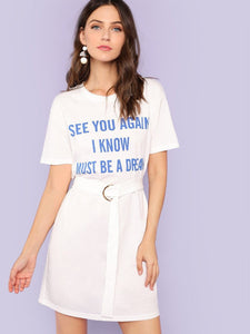 Trendy text belted shirt dress