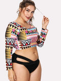 PLUS DOLL Aztec cutout design long sleeve plus size 2 piece swimsuit