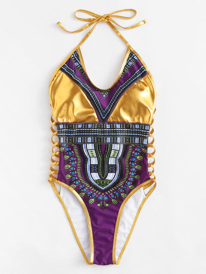 Tribal African print cutout side monokini one piece swimsuit