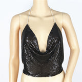 Sequins sexy drape deep v backless halter body chain top
