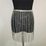 Rhinestone detail fringe chain belt skirt