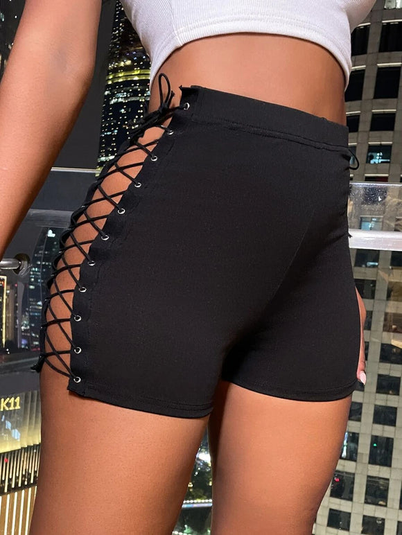 Ladies lace up side high waist shorts