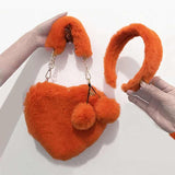 Pretty Luxury Fuzzy fur headband heart handbag set