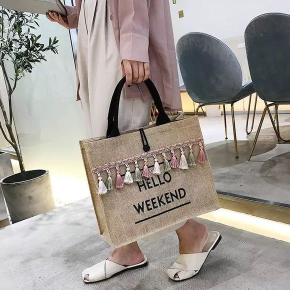 Hello weekend fringe canvas tote handbag