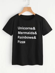 Unicorn mermaids rainbows pizza printed tshirt